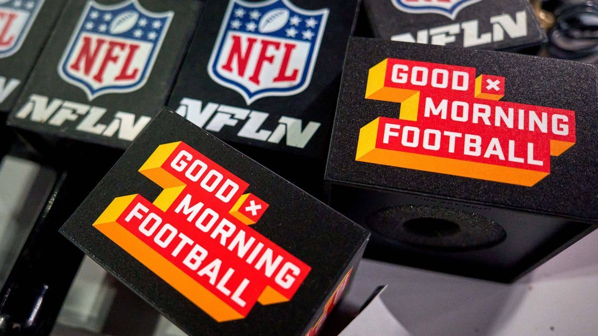 INDIANAPOLIS, IN - MARCH 02: A detail view of the NFL, American Football Herren, USA Crest logo is seen on a NFL Network microphone along with the Good Morning Football Show logo is seen during the...