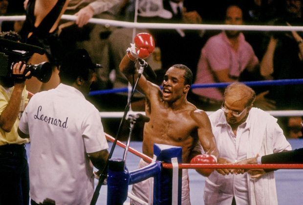 
                <strong>Sugar Ray Leonard vs. Marvin Hagler</strong><br>
                Leonard überraschte jedoch alle Zuschauer und Box-Experten. Am 6. April 1987 gewinnt er durch Punktsieg den Titel im Mittelgewicht. Nur einen Monat später trat er allerdings wieder zurück.
              