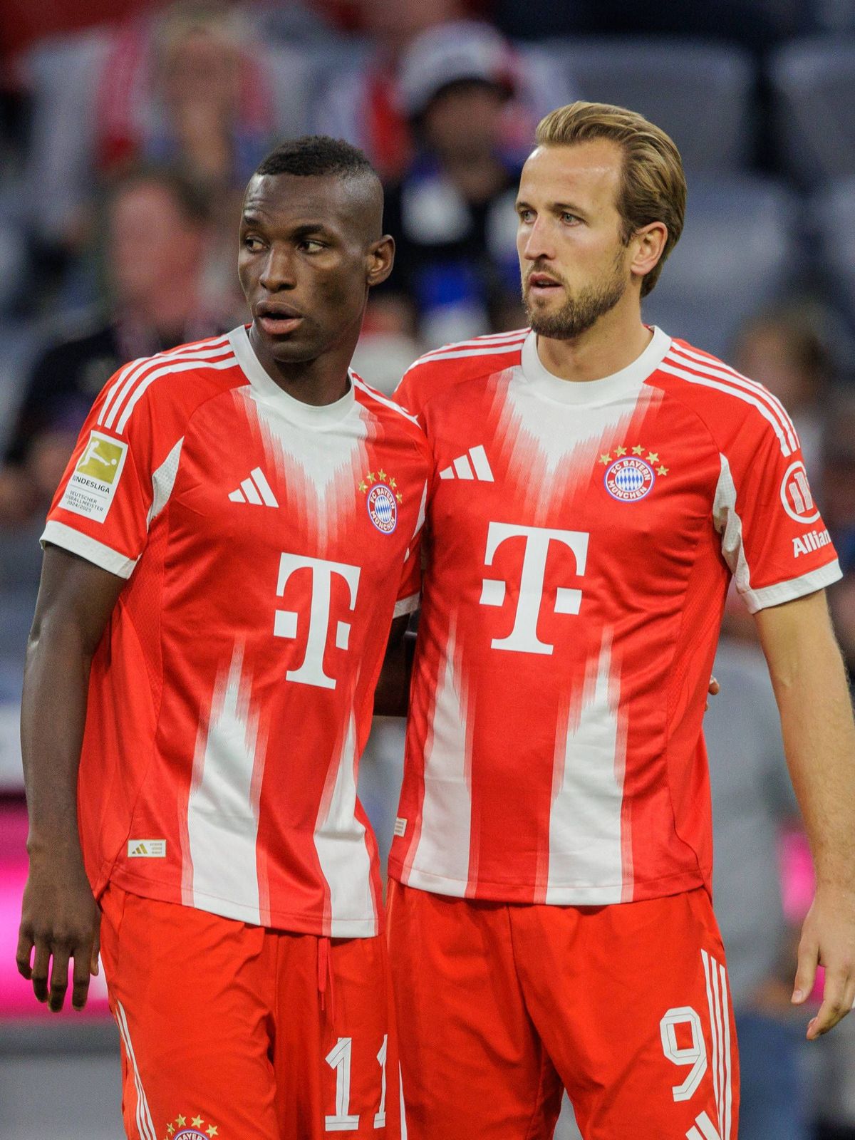 Bayerns 11 Nicolas JACKSON und 9 Harry KANE. Fussball, Bayern - Hamburg 5:0. 1.Fußball Bundesliga, FC Bayern München - HSV Hamburg, 3.Spieltag, Saison 2025-2026, am 13.09.2025 in Muenchen, A L L I ...