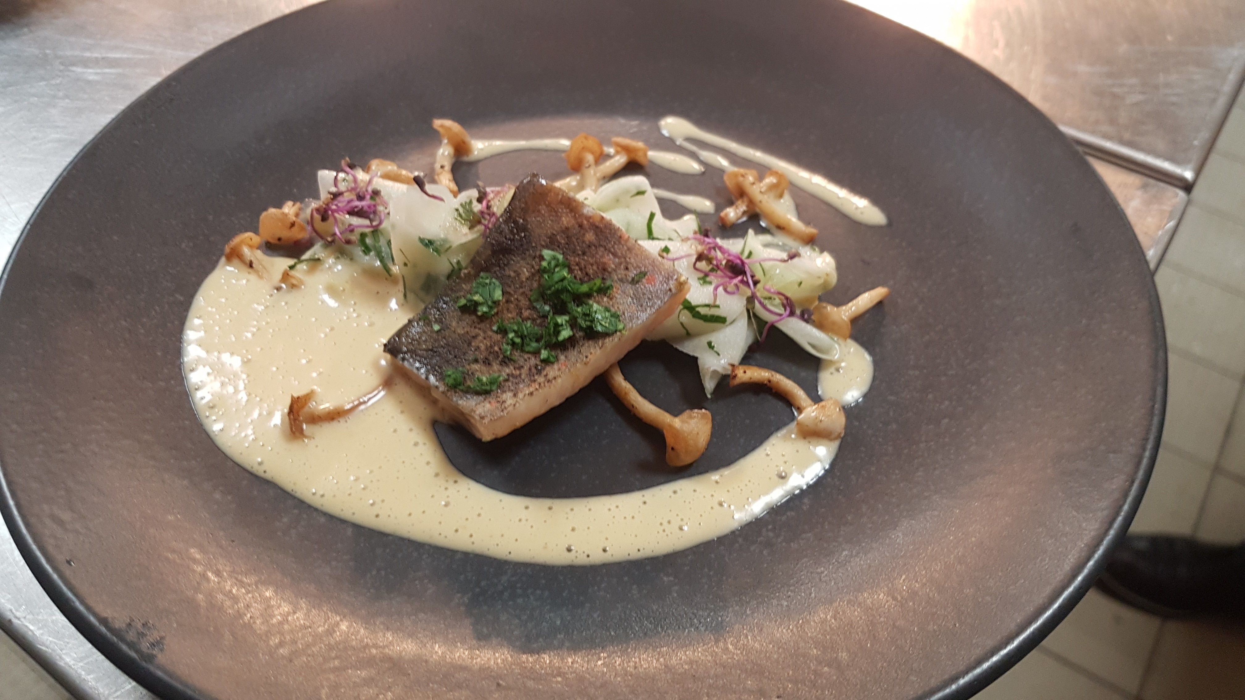Bachsaibling mit Kohlrabi und Pilzhollandaise