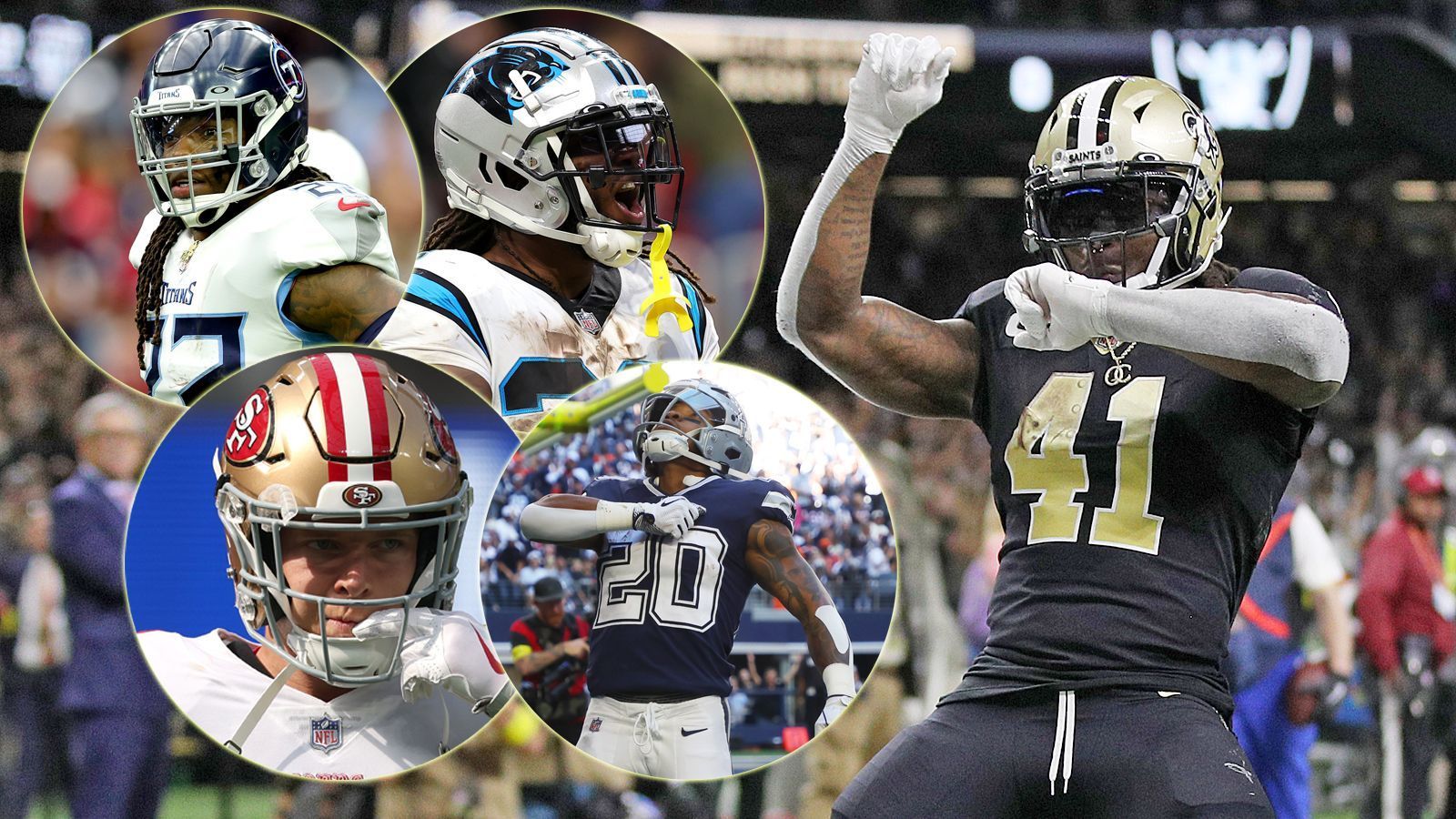 
                <strong>Gewinner: Running-Back-Power</strong><br>
                Unfassbar, wie diese fünf Running Backs abgerissen haben. Derrick Henry erzielte gegen die Houston Texans seinen 75. Touchdown und ist damit der Spieler mit den meisten TDs für die Tennessee Titans. Es ist zudem das vierte Mal in Folge, dass Henry mehr als 200 Rushing Yards und zwei TDs gegen die Texans erzielt - Rekord. Und er ist jetzt mit 1116 Yards der Spieler in der Historie, mit den meisten Rushing Yards gegen die Texans. Alvin Kamara fängt zwei und erläuft einen Touchdown und besiegt für die New Orleans Saints so die Las Vegas Raiders fast im Alleingang. Tony Pollard verdrängt Ezekiel Elliott bei den Dallas Cowboys als Nummer-eins-Running-Back immer mehr und erzielt ebenfalls drei Touchdowns. D'Onta Foreman ersetzt Christian McCaffrey bei den Carolina Panthers trotz Pleite sensationell und kommt auf drei TDs und 118 Yards. Jener CMC, welcher einen TD wirft, einen erläuft UND einen für die 49ers beim 31-14-Sieg über die Rams fängt. Das gelang zuletzt LaDainian Tomlinson 2005. Legendär!
              