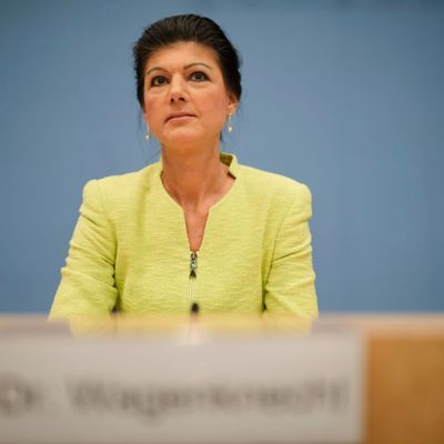 Linken-Politikerin Sahra Wagenknecht auf einer Pressekonferenz in Berlin