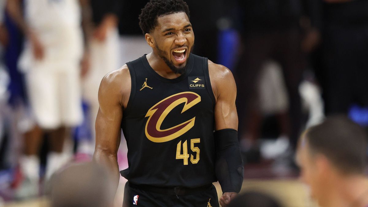 Cleveland Cavaliers Donovan Mitchell (45) reacts after the Cavaliers defeat the Orlando Magic in the opening round Eastern Conference game 7 at Rocket Mortgage Fieldhouse in Cleveland, Ohio Sunday ...