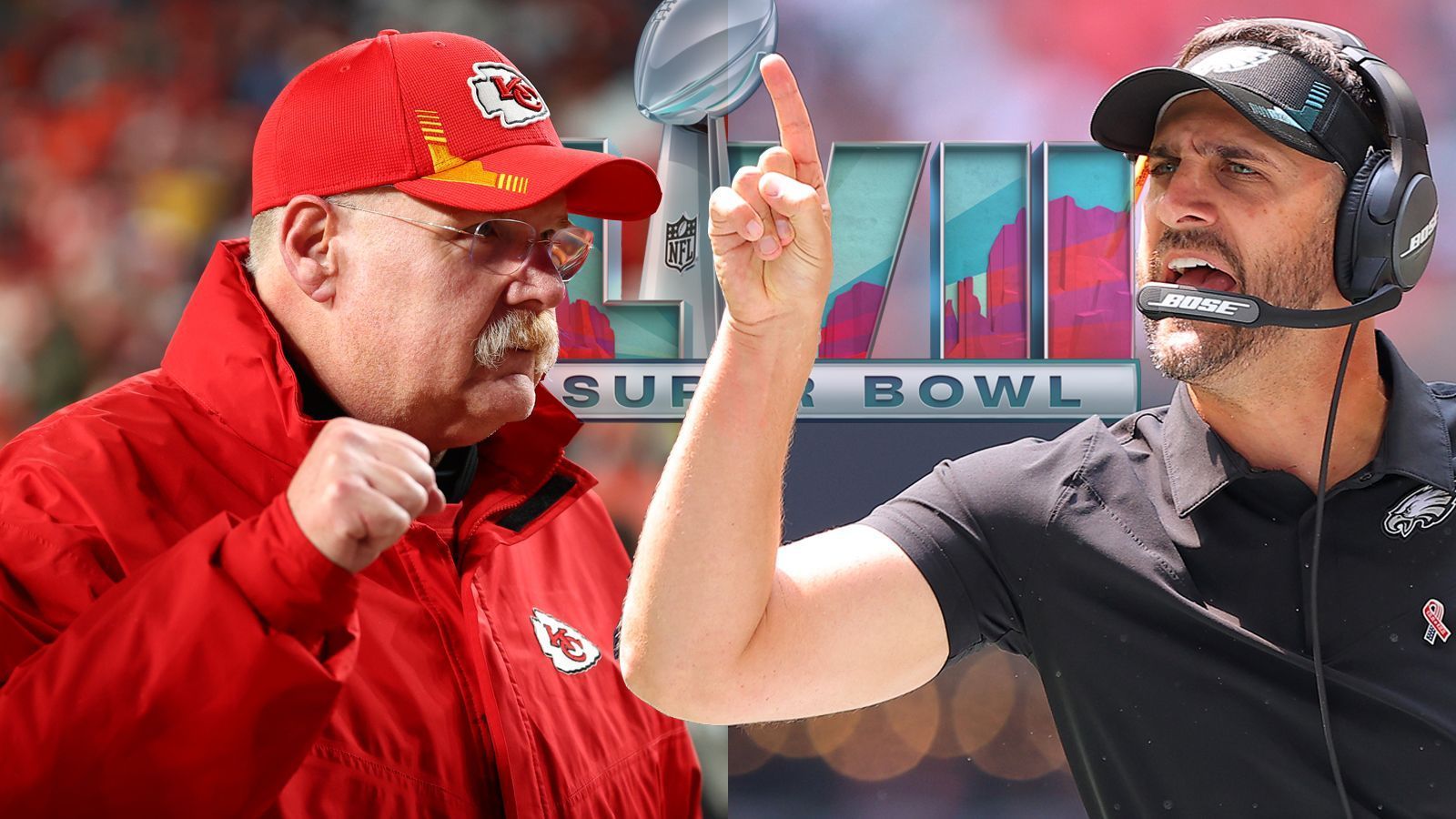 
                <strong>Generations-Duell im Super Bowl: Das sind die Coaches Andy Reid und Nick Sirianni</strong><br>
                Andy Reid (l.) prägt mit seinen 64 Jahren die NFL seit Jahrzehnten mit. Nick Sirianni will genau das mit seinen Philadelphia Eagles noch erreichen. ran stellt die beiden Head Coaches des Super Bowls (Sonntag ab 22:25 Uhr live auf ProSieben und im Livestream) vor.
              