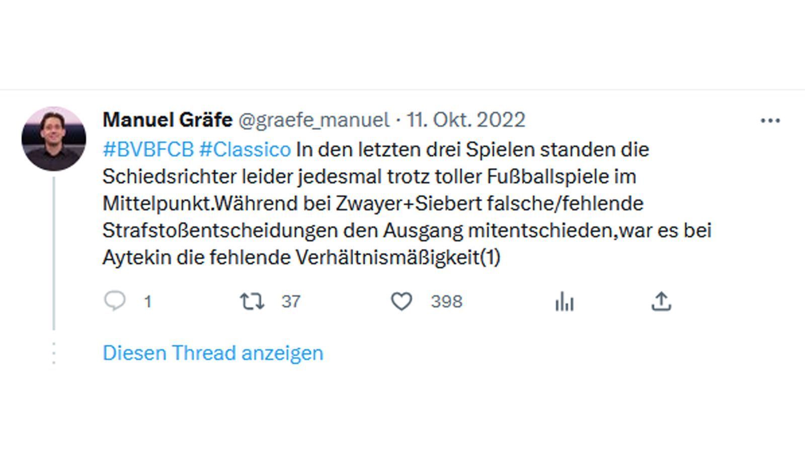 
                <strong>Kritik an Aytekin, Zwayer und Siebert mit dem zweiten Tweet</strong><br>
                Am 10. Oktober 2022 startete Gräfe seinen Twitter-Accout, einen Tag später folgte die erste Kollegenschelte. Gräfe kritisierte Deniz Aytekin für die fehlende Verhältnismäßigkeit im Spitzenspiel zwischen Borussia Dortmund und dem FC Bayern München. Auch Felix Zwayer und Daniel Siebert wurden wegen falscher Strafstoßentscheidungen namentlich genannt. Erfolgreich ist Gräfe mit seinem Account auf jeden Fall, mittlerweile folgen ihm knapp 30.000 Menschen (Stand: 23. Mai 2023).
              