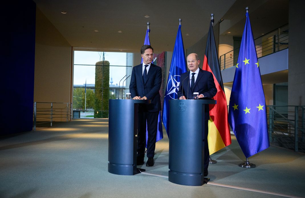 Kanzler Olaf Scholz (r.) empfing Mark Rutte, den NATO-Generalsekretär, in Berlin.