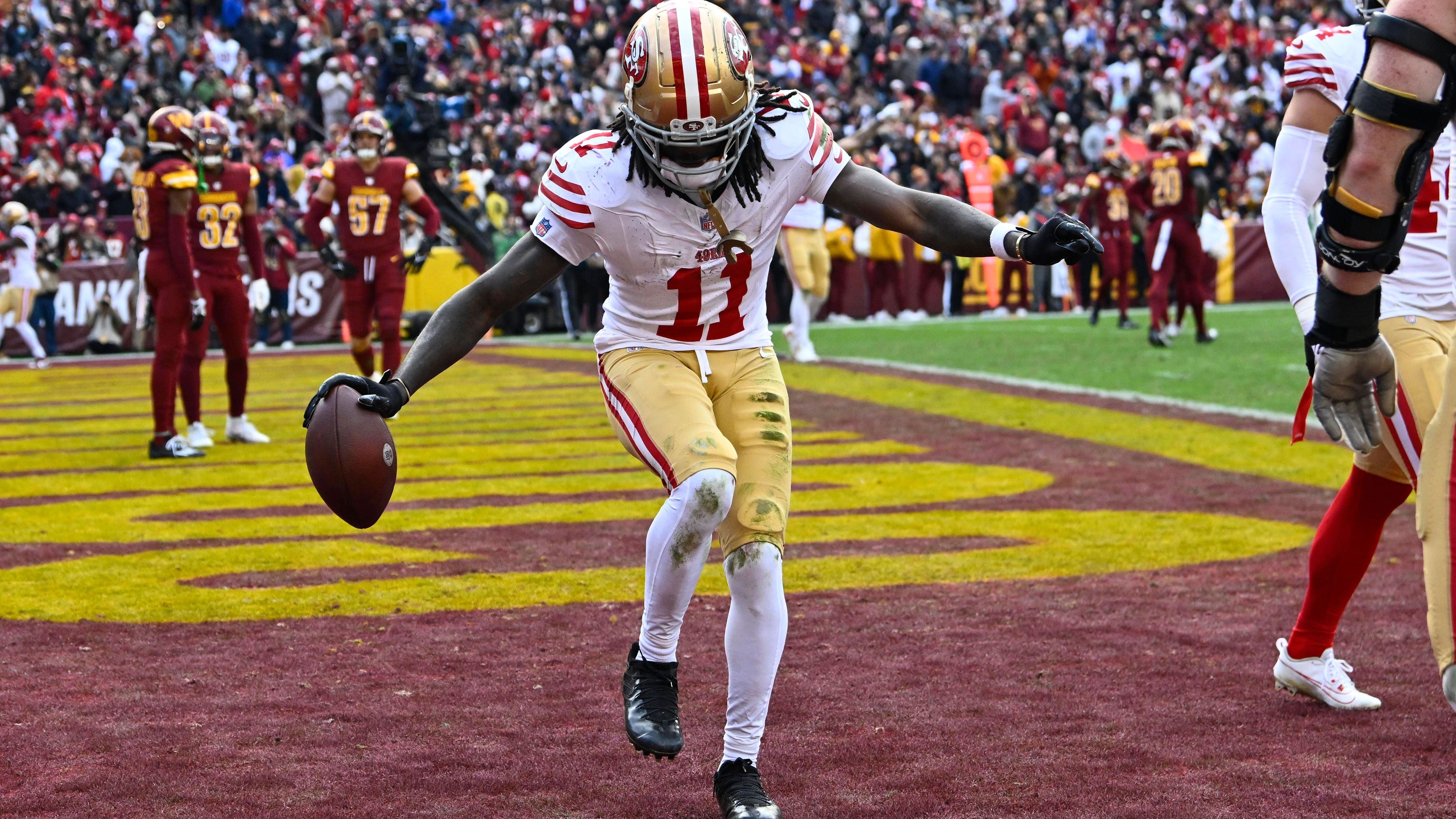 <strong>Out-Route: Brandon Aiyuk (San Francisco 49ers)</strong><br>Auf dieser Route, bei der der Receiver erst einige Yards vertikal läuft, ehe er Richtung Seitenlinie abbiegt und den Pass erhält, kam Aiyuk auf 224 Receiving Yards.&nbsp;