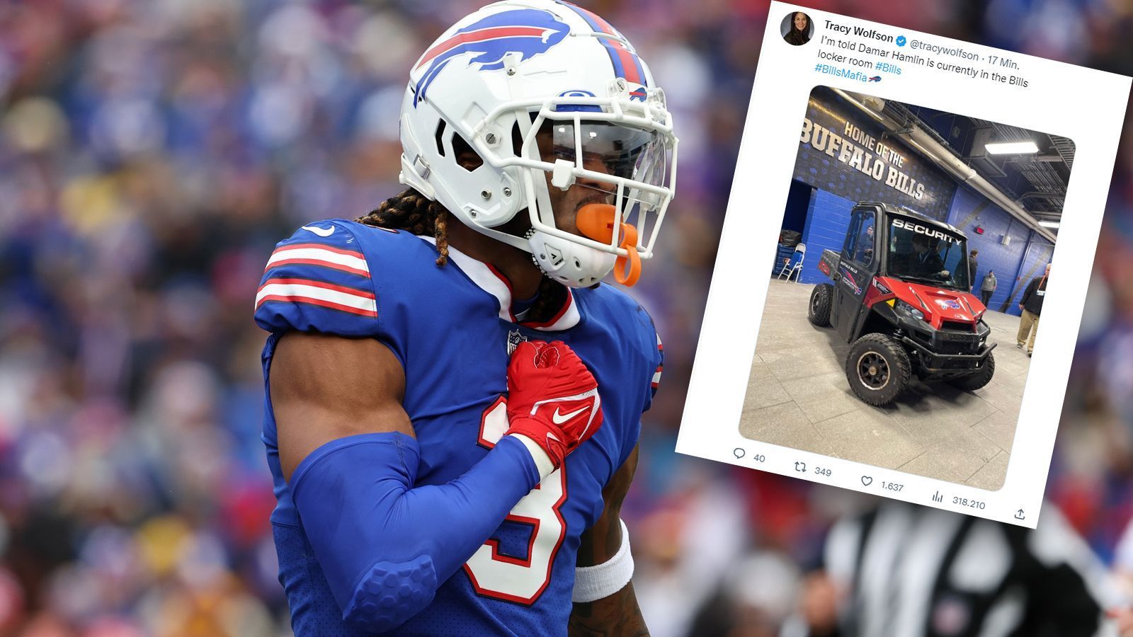 
                <strong>Bills vs. Bengals: Damar Hamlin 20 Tage nach dem Albtraum wohl in der Bills-Kabine</strong><br>
                Was für ein Comeback! Wie "CBS"-Reporterin Tracy Wolfson berichtet, hat Damar Hamlin 20 Tage nach seinem Herzstillstand im Spiel gegen die Cincinnati Bengals seine Teamkollegen vor ihrem Spiel in der Divisional Round (Sonntag um 21:00 Uhr live auf ProSieben und im Livestream) in der Kabine besucht. Der Gegner: erneut die Cincinnati Bengals. Keine drei Wochen zuvor ist der Bills-Safety gegen die Bengals dem Tod von der Schippe gesprungen. ran zeigt in einer Chronologie, was sich seit dem Drama auf beiden Seiten getan hat.
              