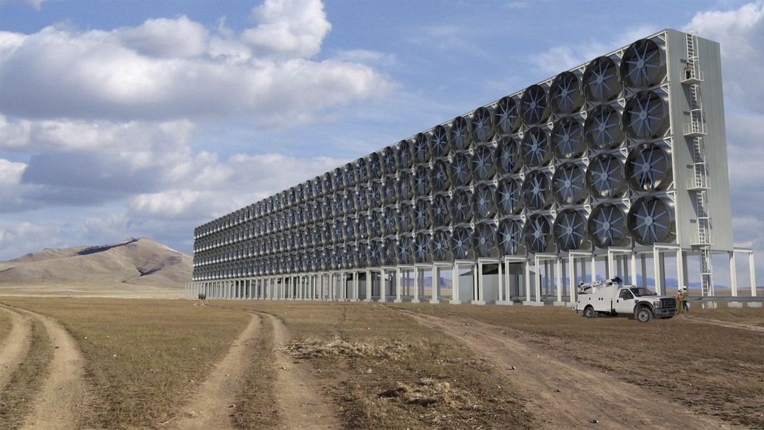Diese Illustration eines US-Unternehmens zeigt, wie riesige Maschinen in Zukunft Kohlenstoffdioxid filtern könnten.