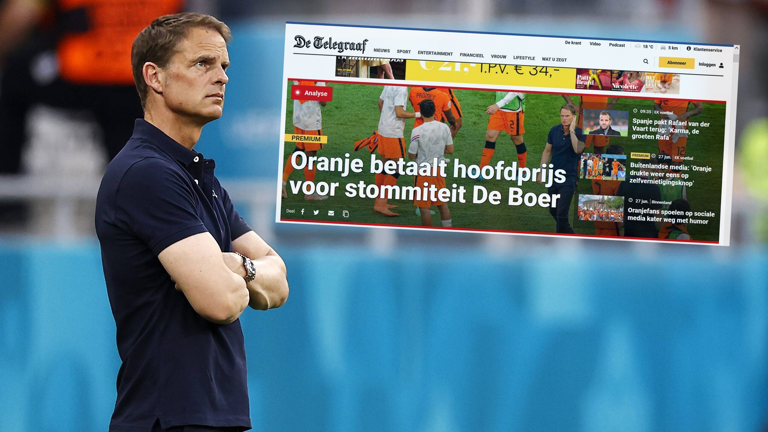 
                <strong>De Telegraaf</strong><br>
                Die größte Tageszeitung in den Niederlanden findet deutliche Worte und macht Trainer Frank de Boer für das frühe Ausscheiden verantwortlich. In der Montagsausgabe titelt das Blatt: "Oranje zahlt den Hauptpreis für de Boers Dummheit" und spielt somit vor allem auf die Systemfrage an. Fans forderten schon vor dem Turnier das klassische 4-3-3, de Boer setzte lieber auf ein 5-3-2. Vergeblich.
              