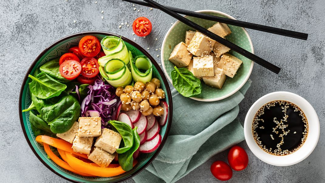 Tofu is a healthy source of protein for your salad. 