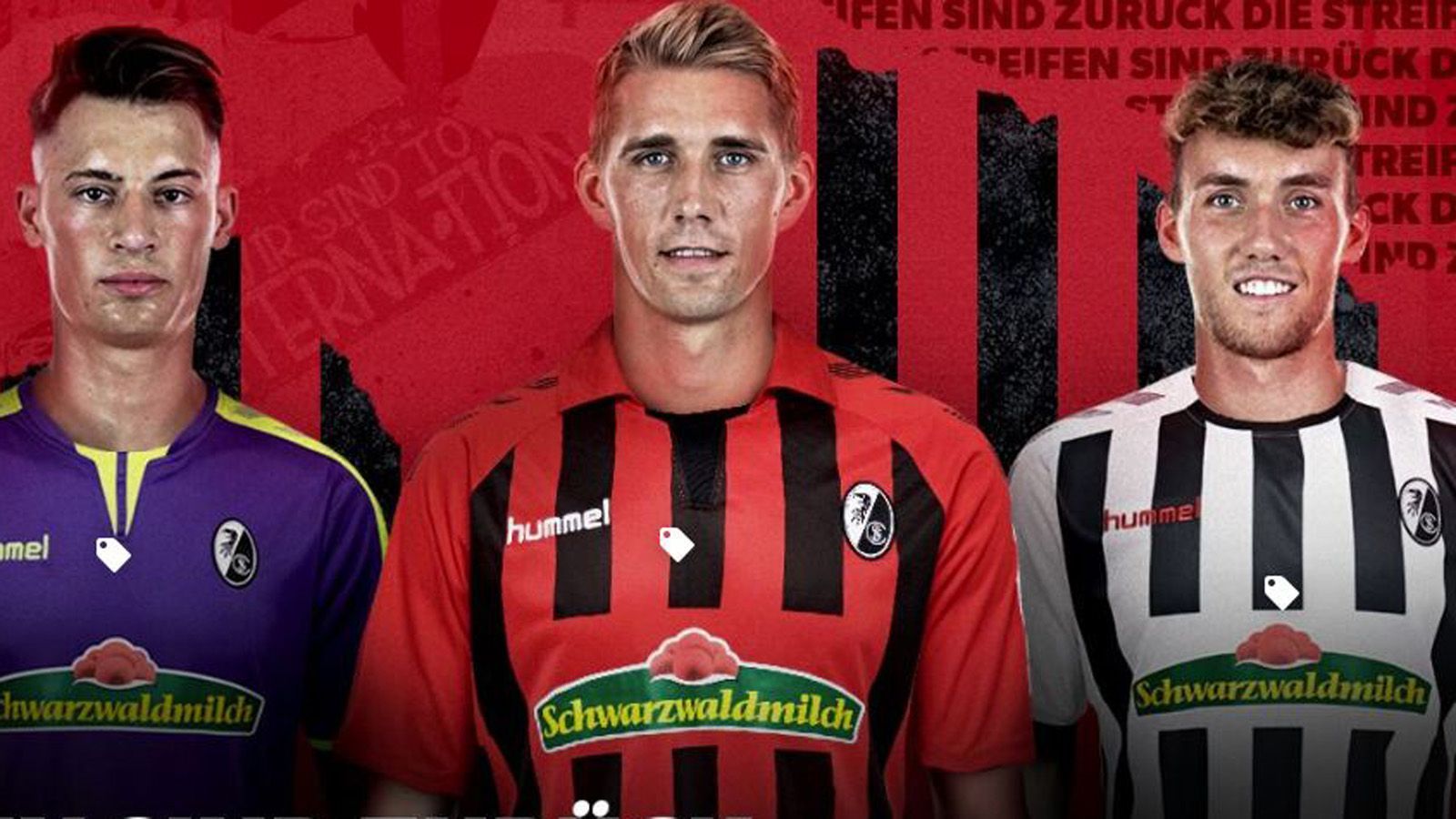 
                <strong>SC Freiburg</strong><br>
                Auf ihrer Website präsentieren Robin Koch, Nils Petersen und Luca Waldschmidt die Arbeitskleidung für die neue Spielzeit. Auf das Heim- und Auswärtstrikot kehren die Streifen zurück. Im Breisgau spielt das Team von Christian Streich in schwarz-rot, auf fremden Plätzen in weiß-schwarz. Das Eventtrikot ist violett mit neongelben Elementen. 
              