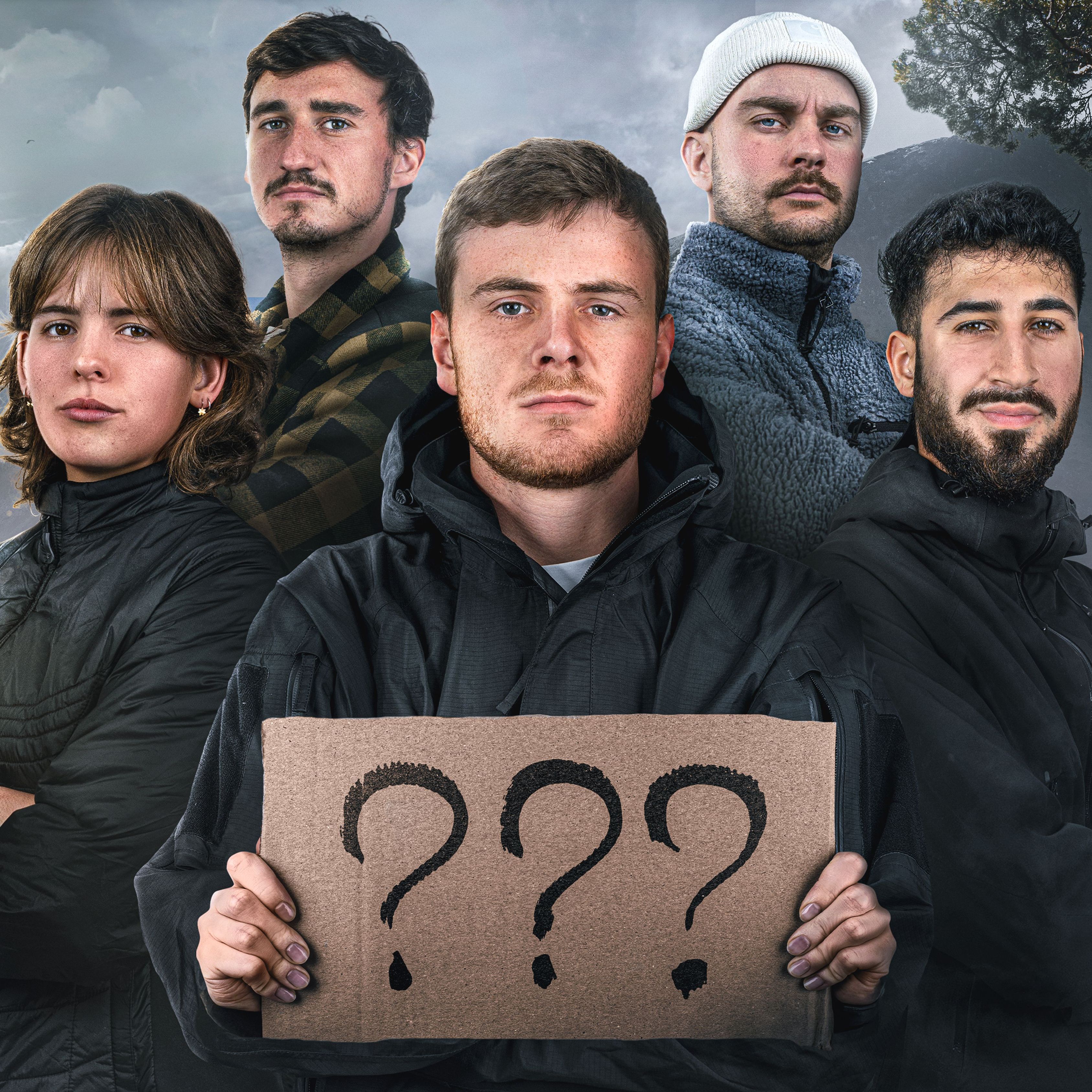 "The Race" Staffel 2 Titelbild mit den fünf Teilnehmer:innen Dave, Felix, Rahel, Levan und Daniel