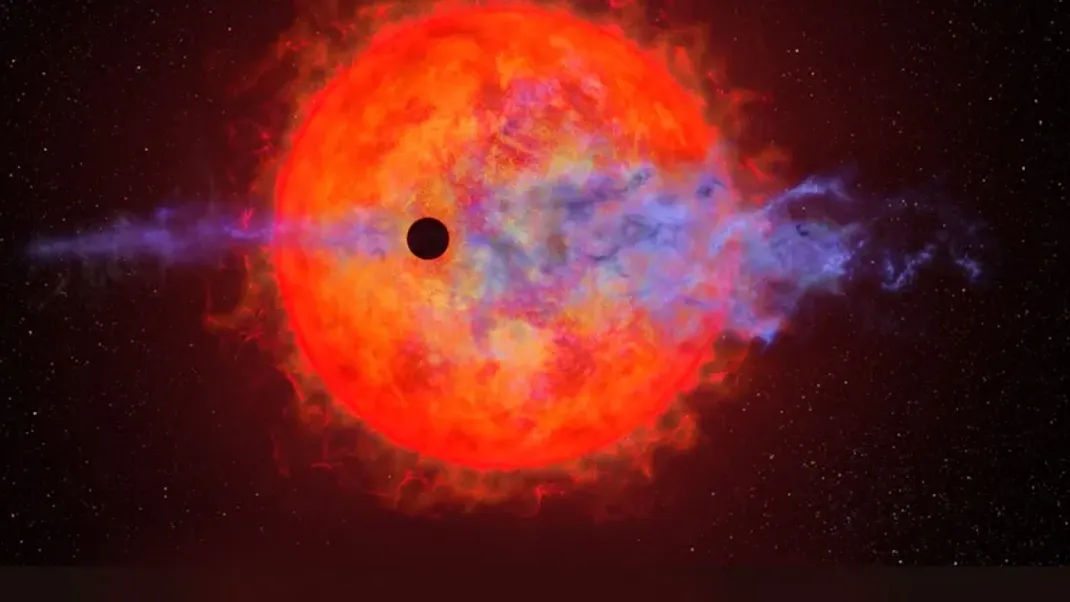 Diese Illustration zeigt eine Wasserstoffwolke, die ein Exoplanet vor sich herschiebt.