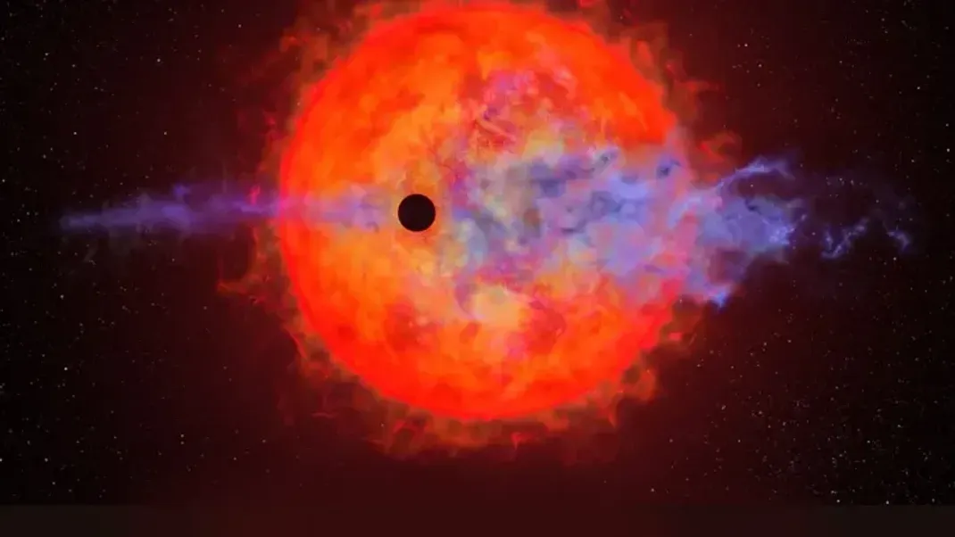 Diese Illustration zeigt die Wasserstoffwolke, die der Exoplanet AU Mic b "ausgerülpst" hat und nun vor sich herschiebt.