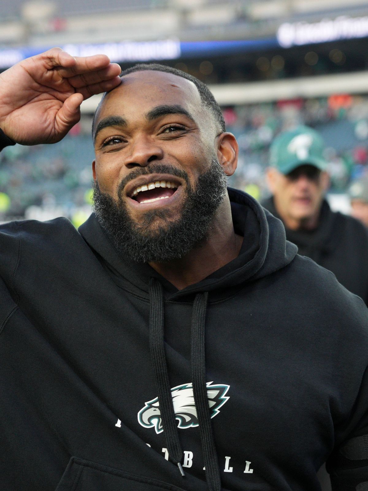 PHILADELPHIA, PA - DECEMBER 08: Philadelphia Eagles defensive end Brandon Graham (55) looks on during the game between the Philadelphia Eagles and the Carolina Panthers on December 08, 2024 at Linc...