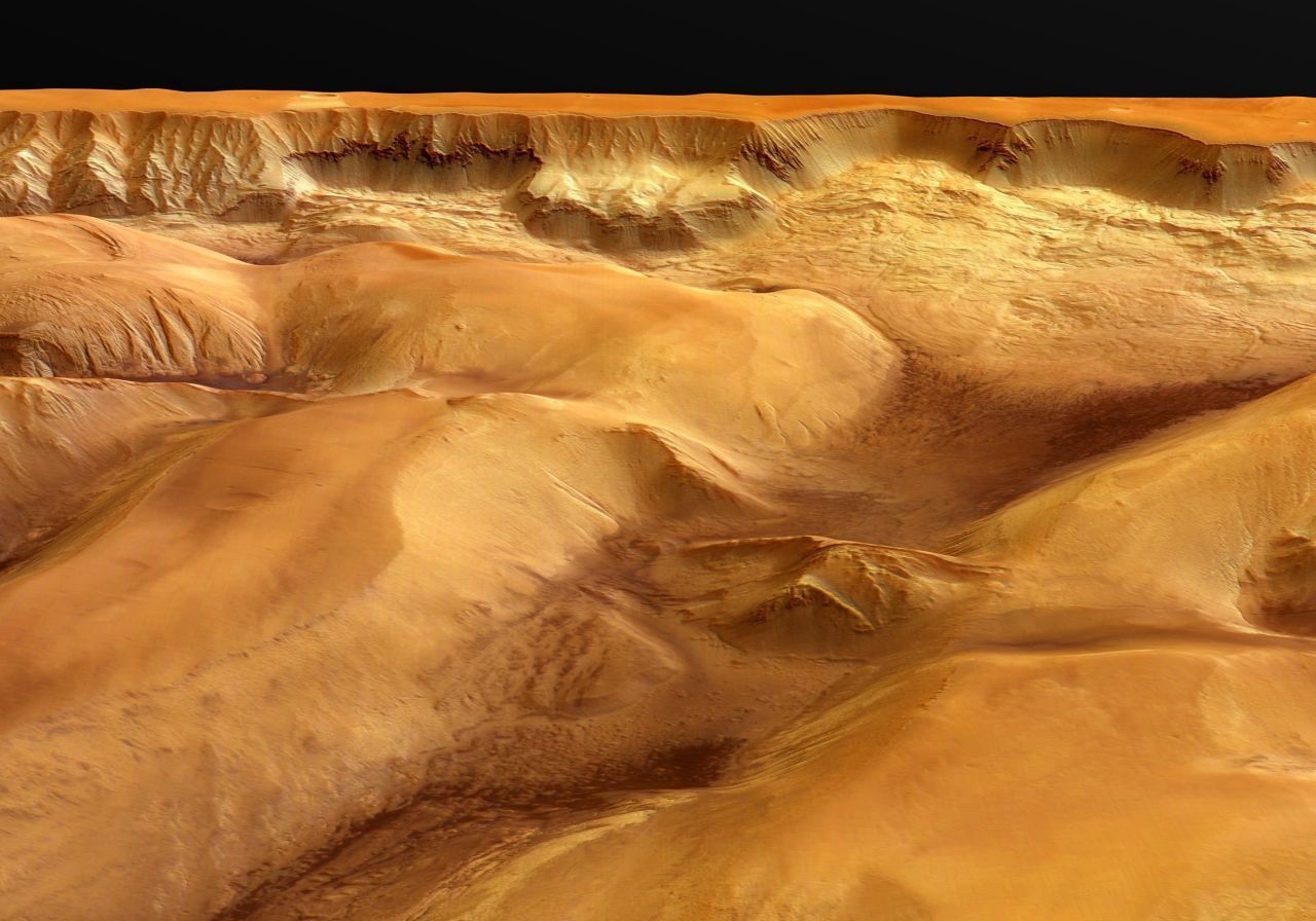Den Mars zerfurcht ein kolossales Schluchtensystem. Die Valles Marineris sind ungefähr 7 Kilometer tief, 4.000 Kilometer lang und bis zu 700 Kilometer breit.