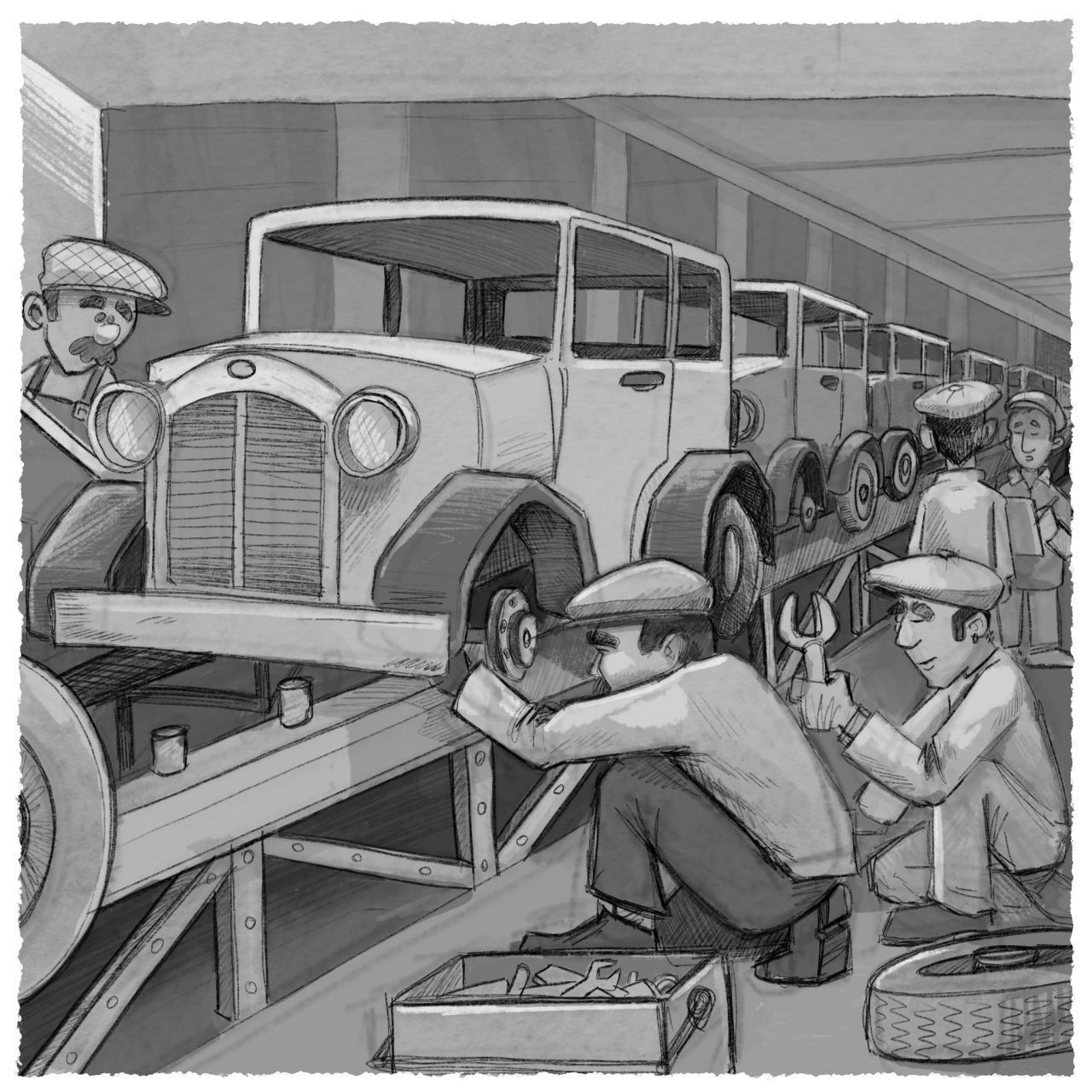 Opel führt 1924 die Fließbandproduktion ein, nach amerikanischem Vorbild.