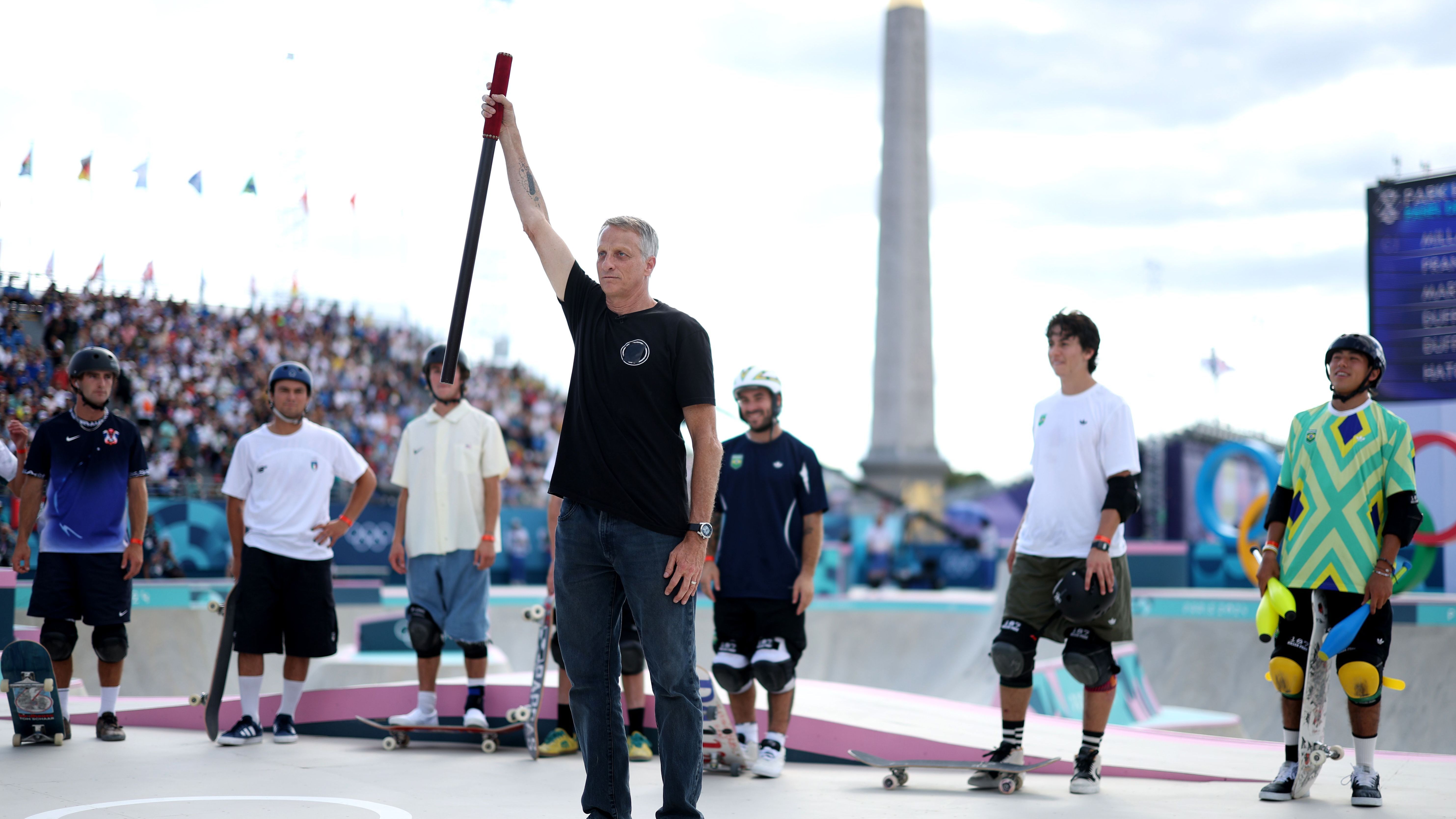 <strong>Olympia 2024: Die besten Bilder des zwölften Tages</strong><br>Ganz hoher Besuch bei den Skateboardern: Tony Hawk.