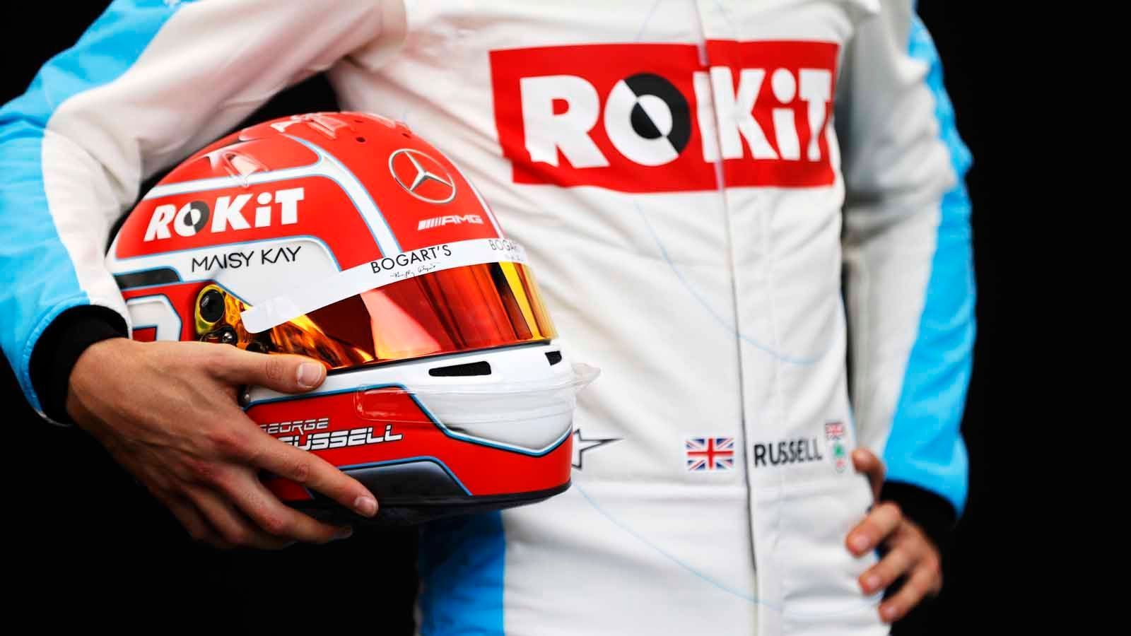 
                <strong>George Russell (ROKiT Williams Racing)</strong><br>
                Der Helm von George Russell besticht durch die Farben des Hauptsponsors. Dazu steht an der Seite seine Startnummer und auch sein Namen ist unterhalb des Visiers aufgedruckt.
              