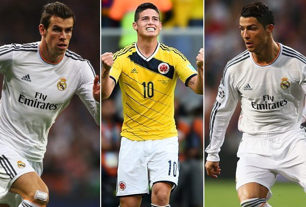 
                <strong>Die neuen "Galaktischen"</strong><br>
                Es ist fix: James Rodriguez (M.) schließt sich für 80 Millionen Euro Real Madrid an. Der Kolumbianer ist in dem Ensemble um Bale (l.) und Ronaldo (r.) der nächste Offensiv-Star. Doch wo sollen die alle unterkommen? Ein (nicht ganz ernst gemeinter) Vorschlag.
              