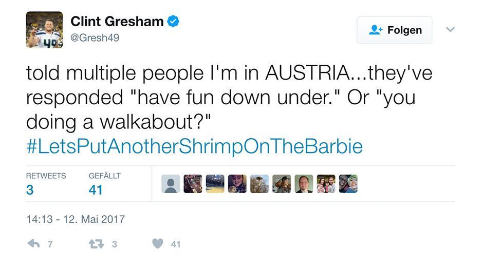 
                <strong>Clint Gresham auf Deutschlandtour</strong><br>
                Bereits vor seinem Abflug schien seine Reise-Ankündigung für einige Verwirrung unter amerikanischen Fans zu sorgen. So verwechselten viele seiner Anhänger Austria mit Australia, also Österreich mit Australien. Ob Gresham in Wien wohl auf einige Kängurus trifft?
              