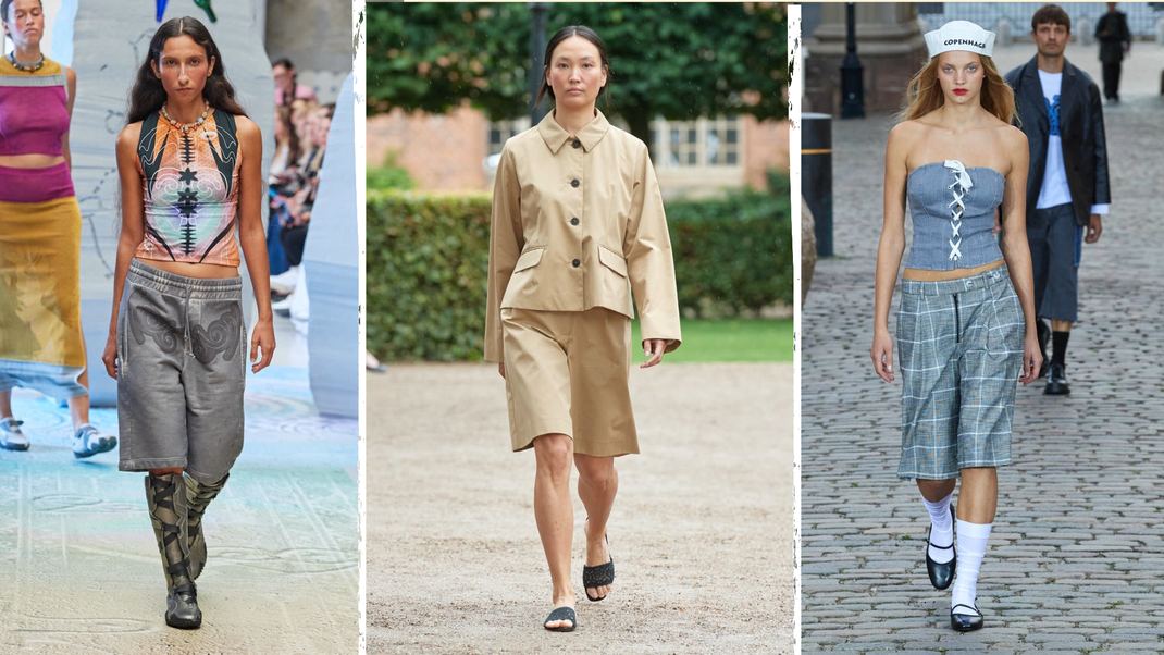 Die drei Marken (von links nach rechts) Paolina Russo, Skall Studio und Baum und Pferdgarten, präsentierten auf dem Laufsteg der Kopenhagen Fashion Week einen einheitlichen Trend: Stilvolle Interpretationen von langen Shorts, die Eleganz und Lässigkeit auf bemerkenswerte Weise verbinden.