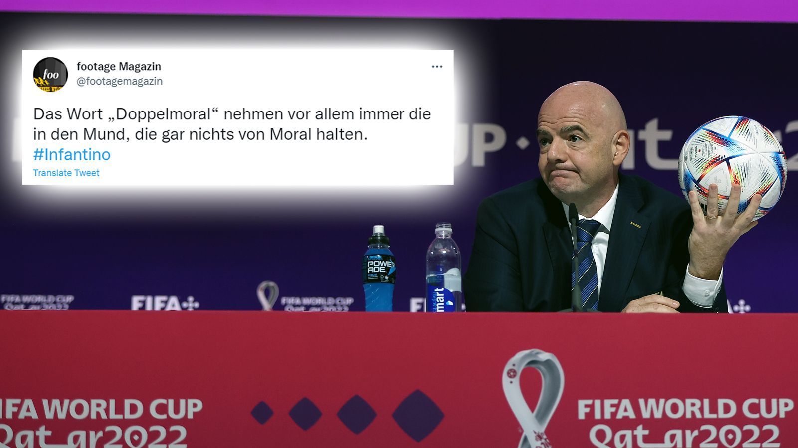 
                <strong>Doppelmoral als verbales Werkzeug der Morallosen?</strong><br>
                Vor allem der Vorwurf der Doppelmoral, den Infantino an die Kritiker der WM-Endrunde in Katar richtete, stieß den Fans in den sozialen Medien richtig sauer auf. 
              