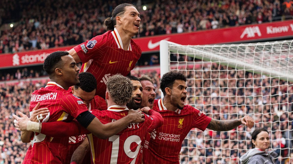 Liverpool FC v Southampton FC - Premier League Mohamed Salah celebrates after scoring his first and Liverpool s second goal from the penalty spot during the Premier League match between Liverpool a...