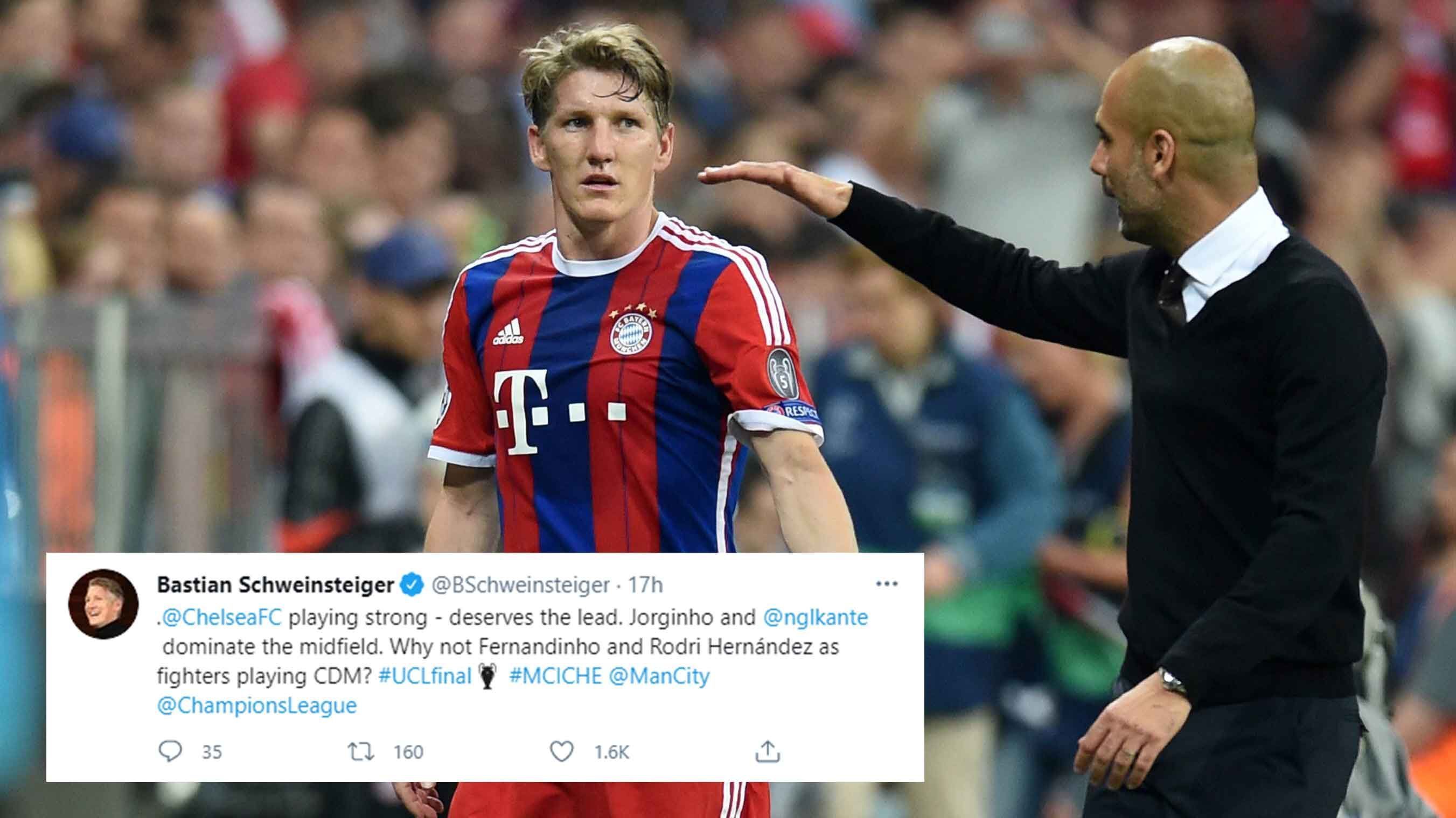 
                <strong>Bastian Schweinsteiger: "Wieso keine Kämpfer?"</strong><br>
                Bastian Schweinsteiger, ehemaliger Spieler von Pep Guardiola schließt sich unterdessen der Kritik an und fragt via Twitter, wieso "Fernandinho und Rodri als Kämpfer im defensiven Mittelfeld" nicht eingsetzt werden.
              