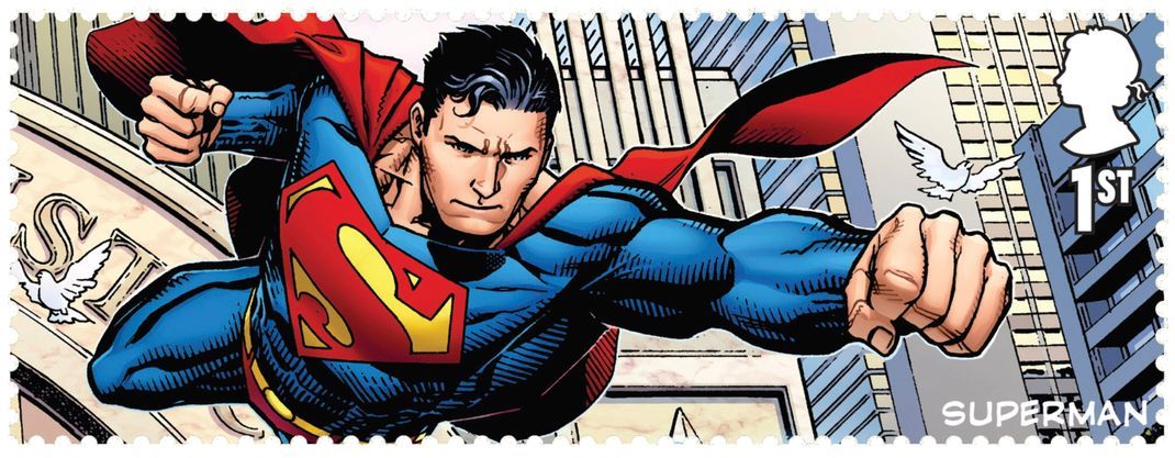 Super-Grüße: 2021 brachte die britische Post eine Reihe von 18 Briefmarken heraus, die Superman und andere Helden oder Bösewichte aus dem DC-Universum zeigte. 