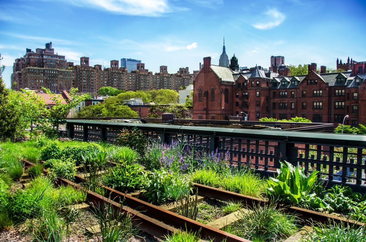 Walk the line: Im Westen Manhattans entstand auf einer 2,33 Kilometer langen und 7,5 Meter hoch gelegenen Güterzug-Trasse der High Line Park. Zu sehen gibt's Natur, Kunst, Design. Im High Line Restaurant wird "sustainable" Food serviert. Wer den Park unterstützen möchte, kann ab 25 Dollar eine Pflanze adoptieren (auch als Geschenk). Oder einen der grünen Punkte, die in Corona-Zeiten auf Wegen und Bänken die Besucher zum Socia