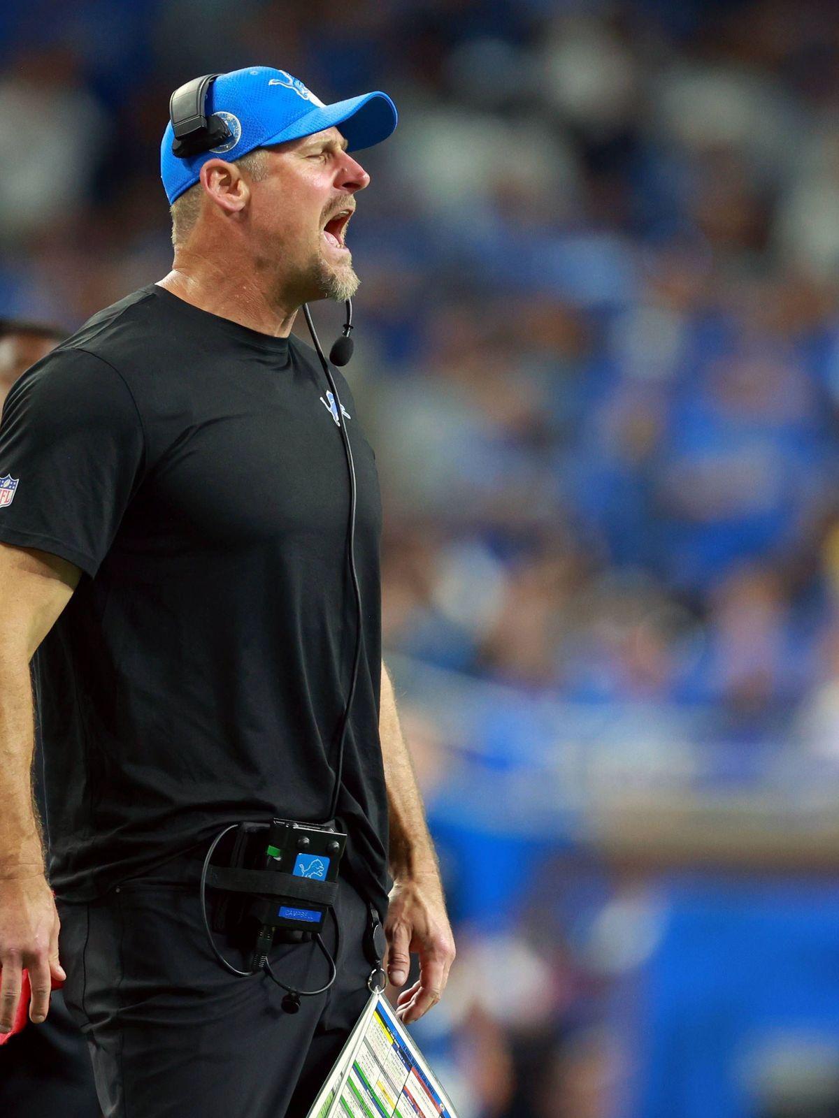 Los Angeles Rams vs. Detroit Lions DETROIT,MICHIGAN-SEPTEMBER 8: Detroit Lions head coach Dan Campbell calls out during a game between the Detroit Lions and the Los Angeles Rams in Detroit, Michiga...