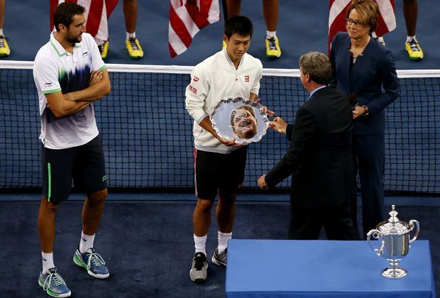 
                <strong>Finale Marin Cilic - Kei Nishikori</strong><br>
                Immerhin kann sich Nishikori mit einem Silberteller und einem satten Preisgeld von 1,45 Millionen Dollar trösten.
              