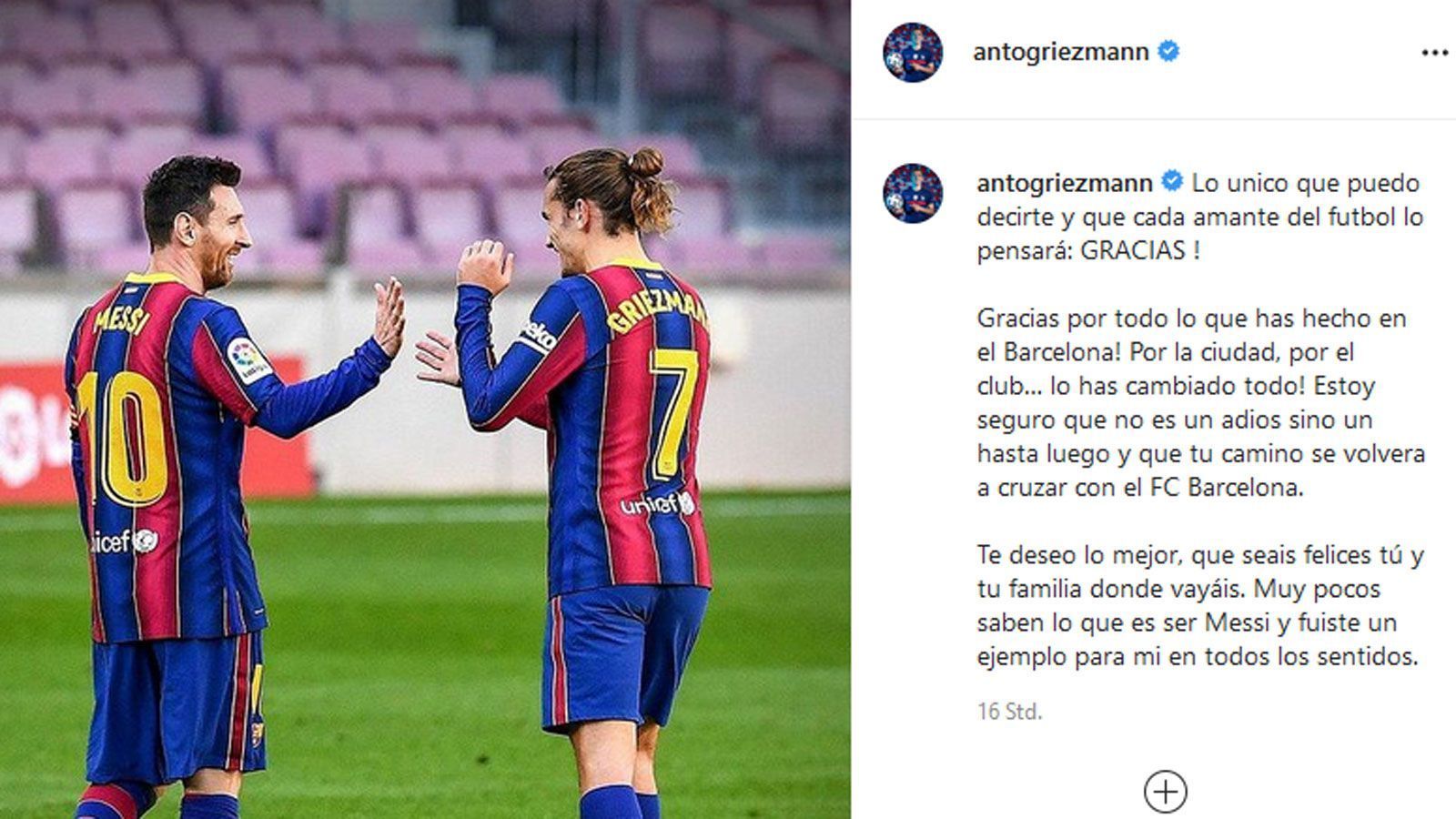 
                <strong>Antoine Griezmann (die Zweite)</strong><br>
                Außerdem schrieb Griezmann die exakt gleiche Nachricht auf Instagram zu einem Foto, das ihn mit Messi zeigt. Diesmal sprach er den Argentinier auf Spanisch an.
              