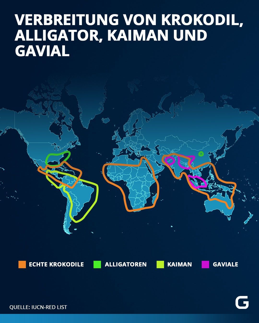 Verbreitung Krokodil, Alligator, Kaiman und Gavial