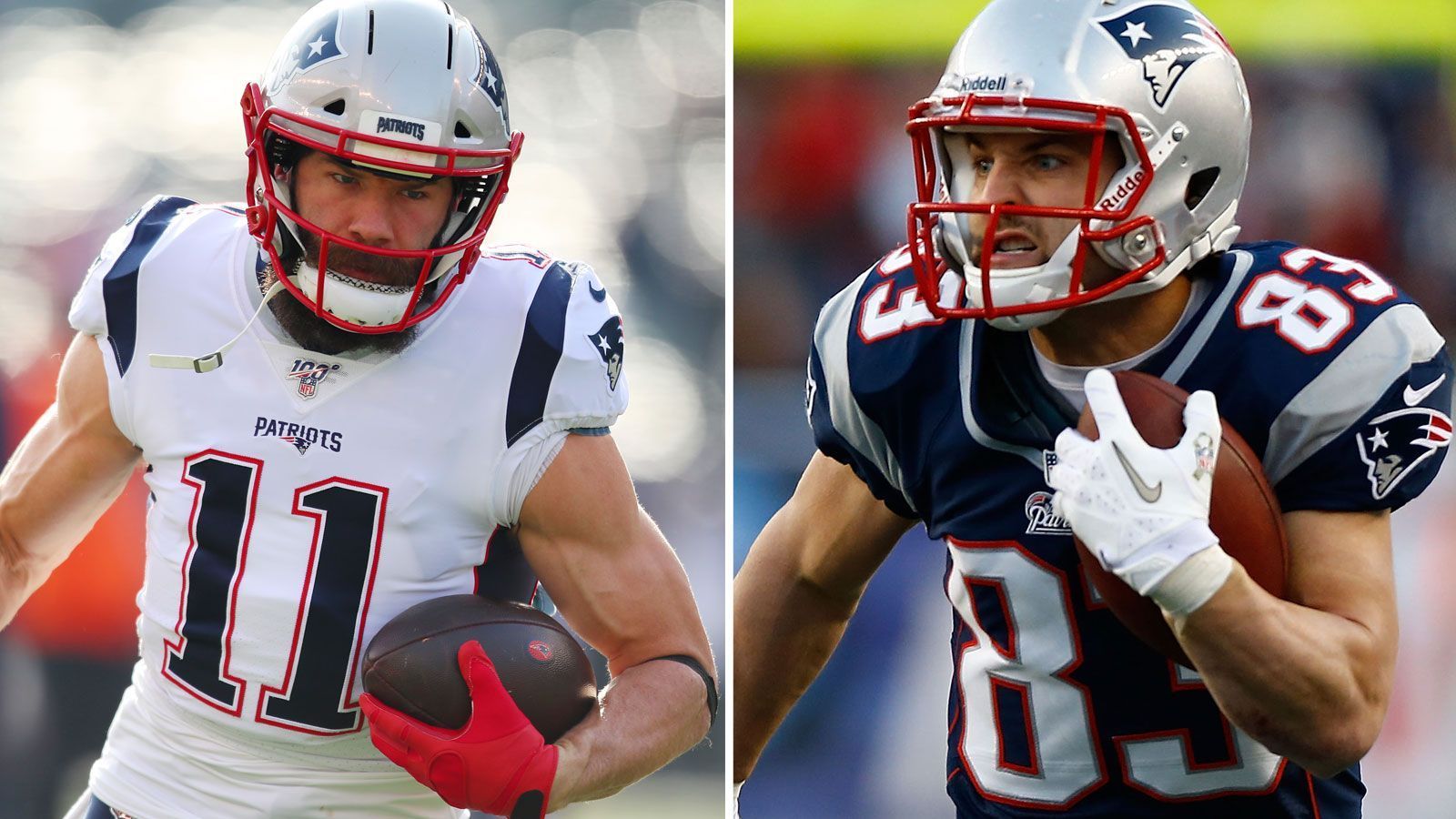 
                <strong>Wide Receiver</strong><br>
                Julian Edelman (l.)bei Patriots: seit 2009Erfolge: drei Super-Bowl-Siege, einmal Super-Bowl-MVPWes Walkerbei Patriots: seit 2007 bis 2012Erfolge: fünfmaliger Pro Bowler
              