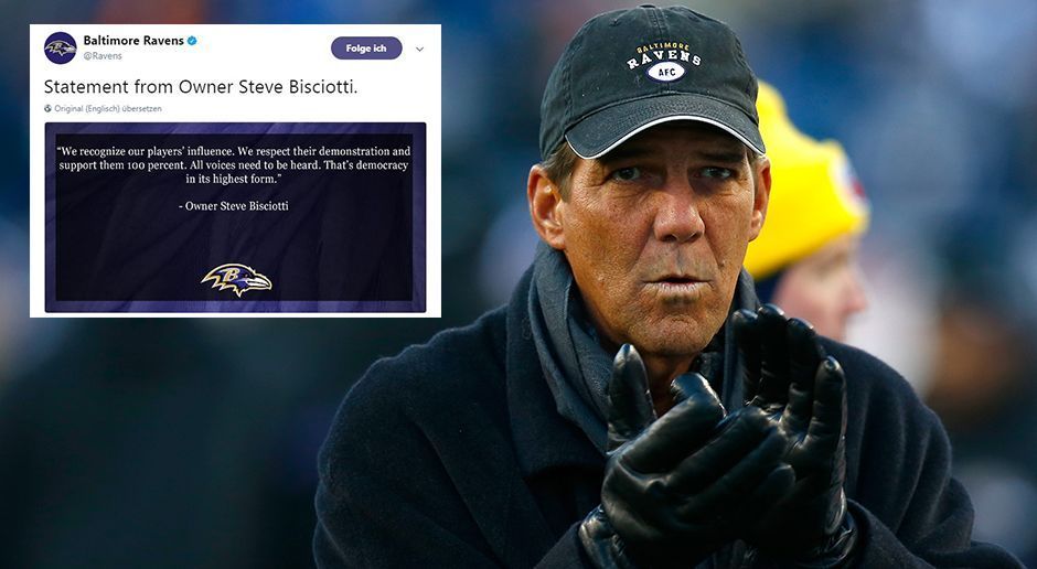 
                <strong>Steve Bisciotti (Owner Baltimore Ravens)</strong><br>
                Ravens-Owner Steve Bisciotti verteidigte seine Spieler in einem offiziellen Statement: "Wir erkennen den Einfluss unserer Spieler. Wir respektieren ihre Demonstration und unterstützen sie zu 100 Prozent. Alle Stimmen müssen gehört werden. Das ist Demokratie in ihrer höchsten Form."
              