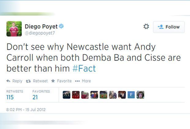 
                <strong>Twitter-Panne von Diego Poyet</strong><br>
                "Keine Ahnung, warum Newcastle Andy Carroll will, wenn sowohl Demba Ba als auch Cisse besser sind." Auch der 25-Jährige Carroll spielt seit einem Jahr für West Ham und ist nun Kollege von Poyet.
              