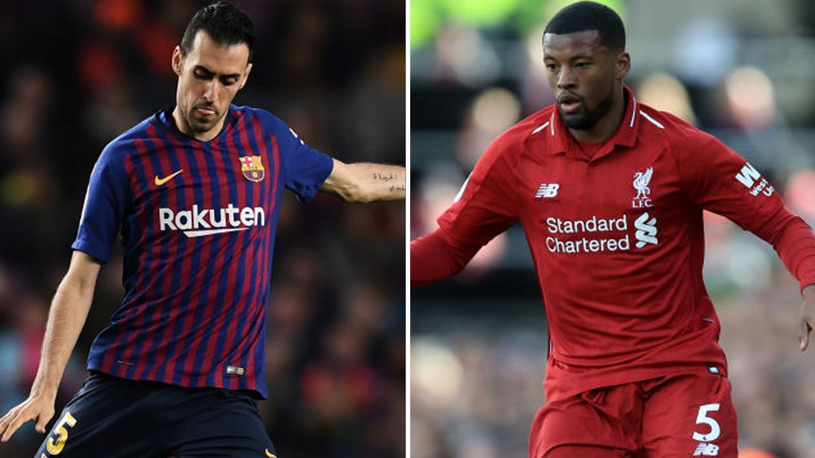 
                <strong>Defensiver Mittelfeldspieler: Sergio Busquets vs. Georginio Wijnaldum</strong><br>
                Barcelonas Eigengewächs Sergi Busquets (l.) ist längst eine Institution - seit bald elf Jahren gehört er dem Profiteam an. Zuverlässig wie ein Uhrwerk bremst er die gegnerischen Angriffe aus und kurbelt den Gegenstoß selbst an. Liverpools Georginio Wijnaldum setzt einen Tick mehr Explosivität dagegen, ist aber (noch) nicht auf dem Level des Katalanen anzusiedeln. Zwischenstand: Damit steht's 5:1 für Barca
              