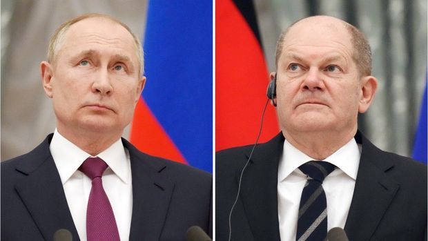 Zusammenschnitt von Wladimir Putin und Olaf Scholz