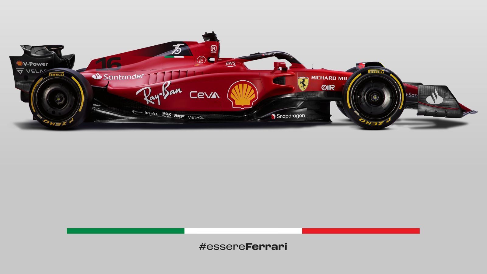 
                <strong>Ferrari F1-75</strong><br>
                Sowohl Front- und Heckflügel als auch die Seitenteile bieten den Kontrast zum Rot, das etwas dunkler ist als noch zu Zeiten von Michael Schumacher bei Ferrari. Die Huldigung an Enzo Ferrari und das 75-Jährige Jubiläum findet sich oben am Wagen. Abgerundet wird diese Hommage durch die Farben Grün, Weiß und Rot, die Nationalfarben Italiens.
              