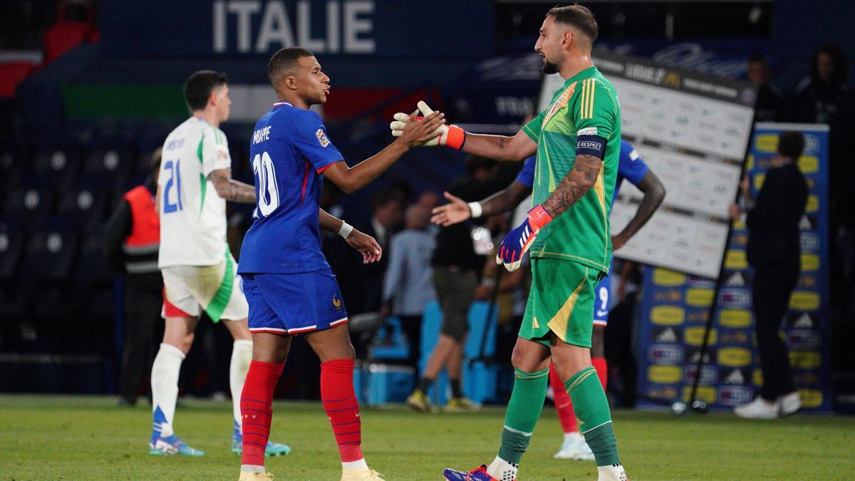 Former PSG club teammates Kylian Mbappe of France and Gianluigi Donnarumma of Italy at the end of the match France v Italy, UEFA Nations League, League A, Group 2, Football, Stade de France, Paris,...