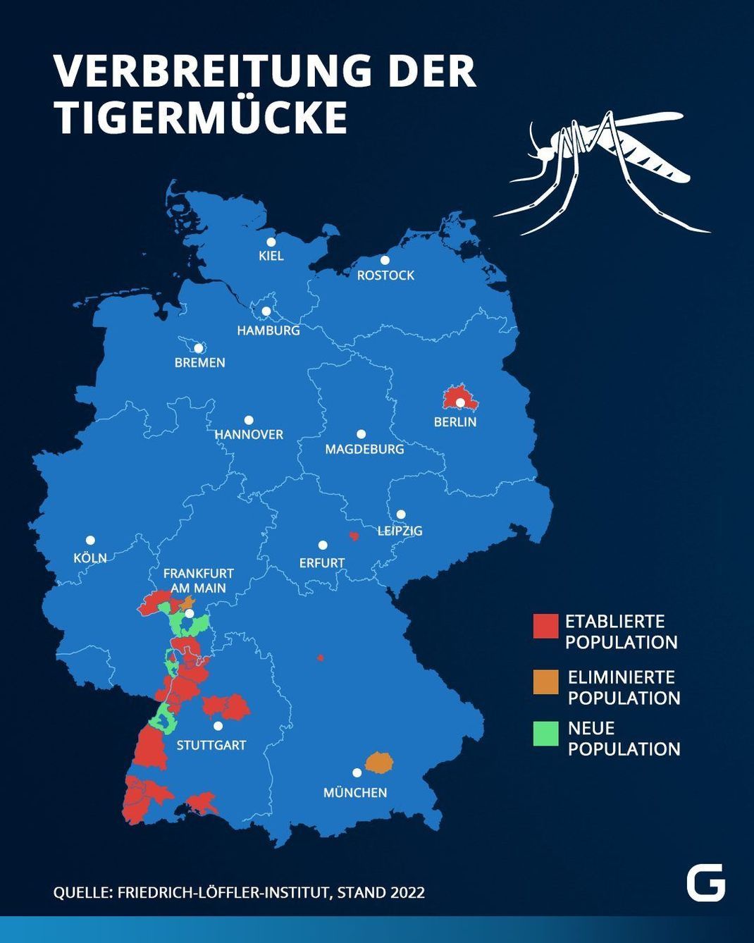 In diese Bereichen Deutschlands wurde die Tigermücke 2022 gesichtet. Einige Populationen konnten eliminiert werden, andere kamen dagegen neu hinzu.