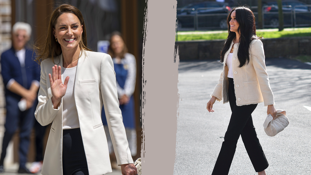 Zum Verwechseln ähnlich. So stylen Kate und Meghan ihre weißen Blazer.