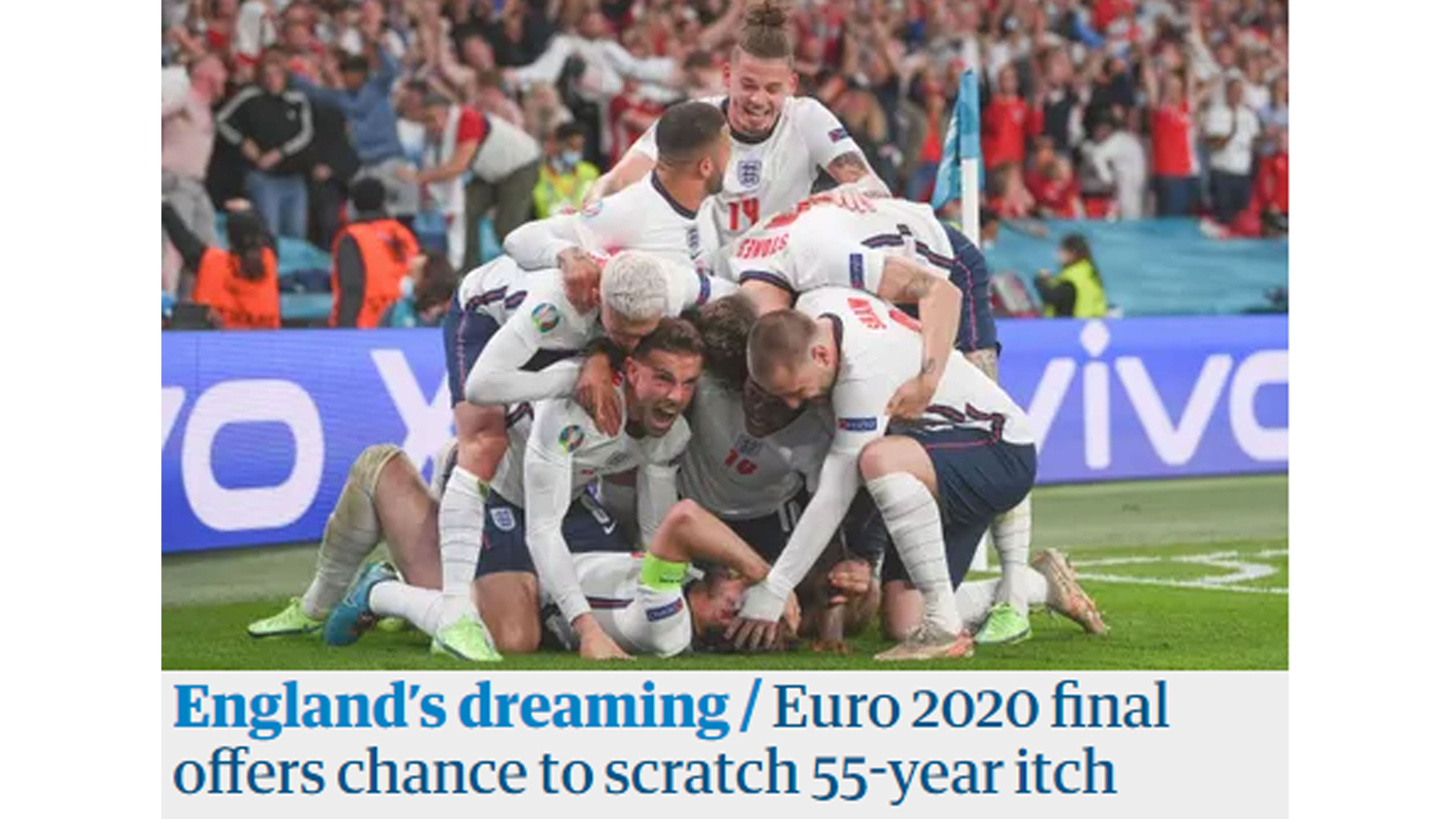
                <strong>The Guardian: "England träumt!"</strong><br>
                "England träumt! Das Finale bürgt die Chance, eine 55 Jahre währenden Juckreiz zu kratzen". Interessantes Bild. 
              