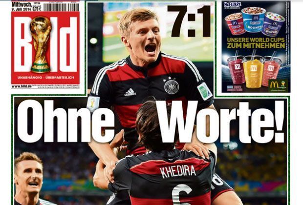 
                <strong>BILD-Zeitung</strong><br>
                Die "BILD" feiert den großen Triumph der deutschen Mannschaft im WM-Halbfinale gegen Brasilien einfach mal "Ohne Worte".
              