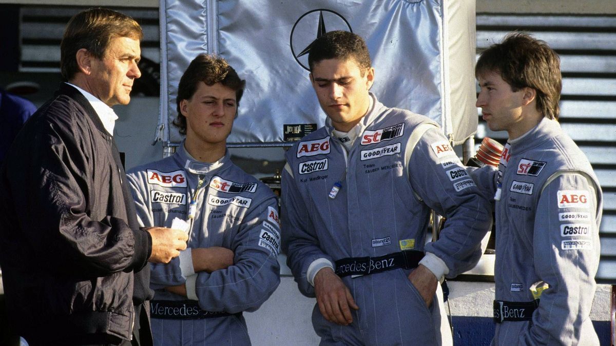 Michael Schumacher (GER), Karl Wendlinger (A) und Heinz-Harald Frentzen (GER) 1990 im Mercedes-Junior-Team des Schweizers Peter Sauber. Copyright Thomas Pakusch