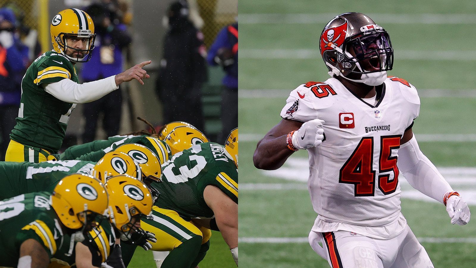 
                <strong>Buccaneers at Packers: Devin White vs. Packers-Offense</strong><br>
                Neben Tom Brady und der fulminanten Offensive gibt es noch einen weiteren Spieler auf Seiten der Buccaneers, den die Packers unbedingt im Auge behalten müssen: Linebacker Devin White (re.). Der Erstrundenpick aus dem Jahr 2019 absolvierte gegen New Orleans das Spiel seines Lebens und zeichnete für eine Interception und einen eroberten Fumble verantwortlich. Der 22-Jährige ist überall auf dem Feld zu finden und ist eine wahre Tackle-Maschine im Abwehrzentrum der "Bucs". Rodgers und die Offense müssen ihn unbedingt im Auge behalten, ansonsten droht Green Bay ein unangenehmer Abend.
              