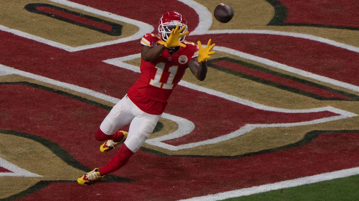 Kansas City Chiefs wide receiver Marquez Valdes-Scantling (11) catches the ball for a touchdown during the third quarter against the San Francisco 49ers at Allegiant Stadium during Super Bowl LVIII...